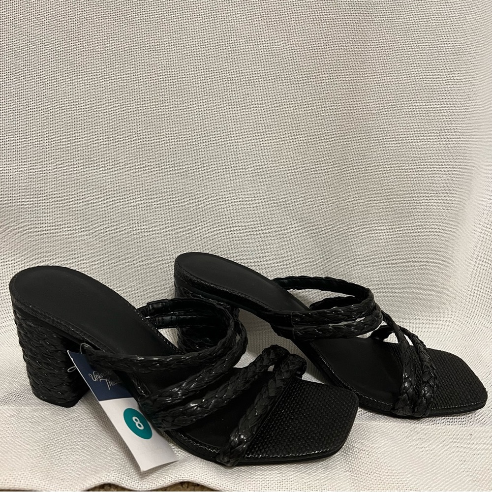 Black braided chunky slip on heels